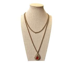 Vintage Womens Double Necklace With Orange Pear Shaped Stone Antiqued Gold Tone